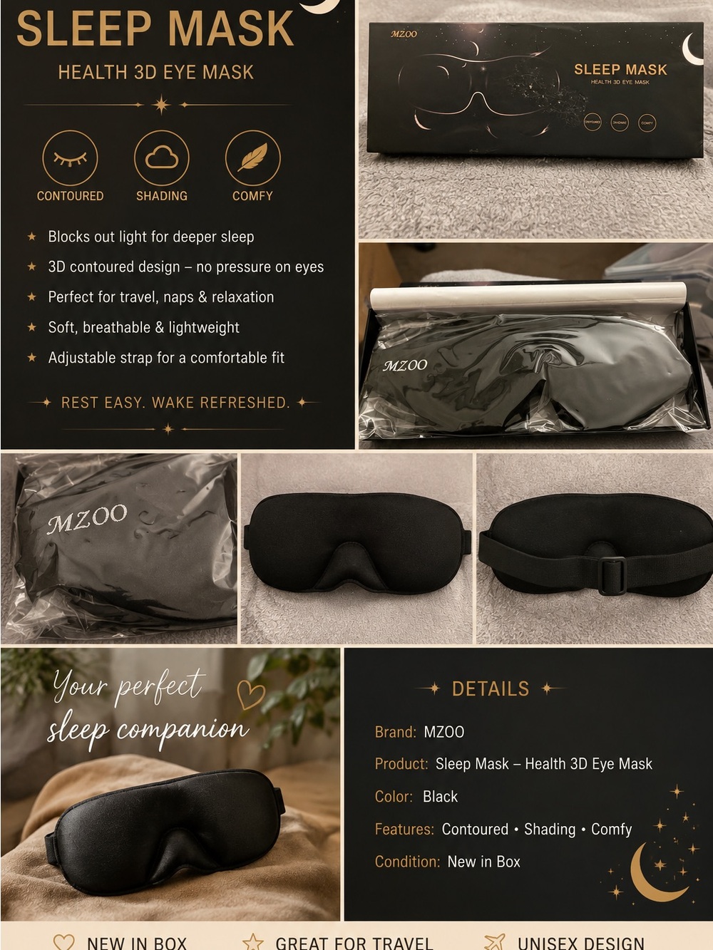 Black 3D Contoured Sleep Mask - Comfortable Eye Shade